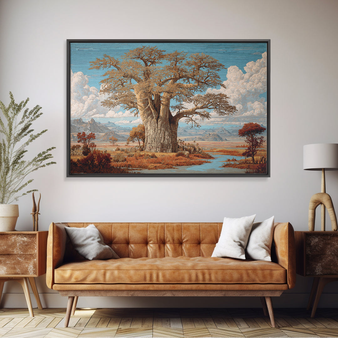Monumental Baobab By River Plains Canvas Print, African Landscape, Safari Decor, Blue Wall Art, Elegant Home Decor Gift For Her