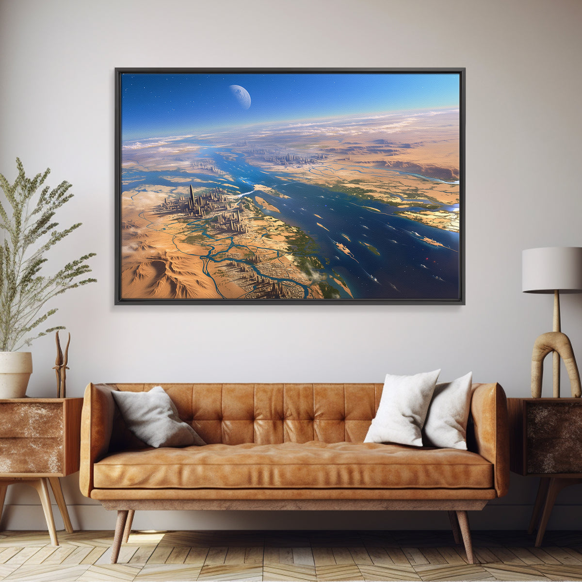 Futuristic Nile River Cities From Space Canvas Print, African Egyptian Art, Desert Landscape, Digital Wall Art, Modern Home Decor