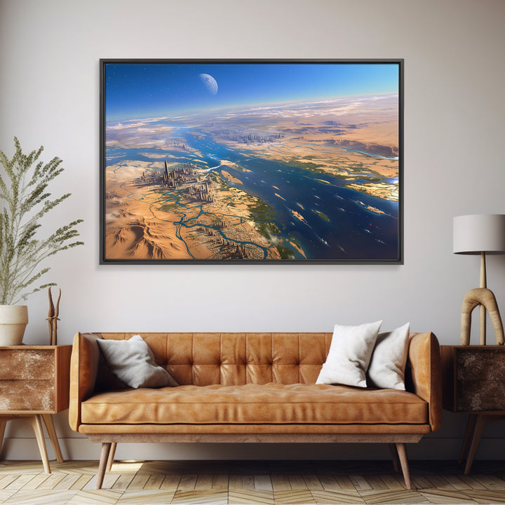 Futuristic Nile River Cities From Space Canvas Print, African Egyptian Art, Desert Landscape, Digital Wall Art, Modern Home Decor