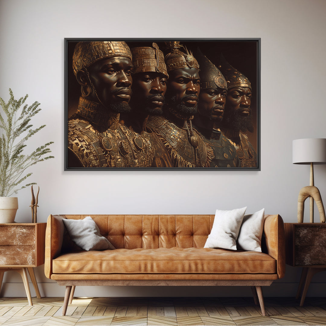 Golden African Kings Portrait Framed Canvas Print, African Warrior Art, Black History Art, Afrocentric Wall Decor Gift For Him
