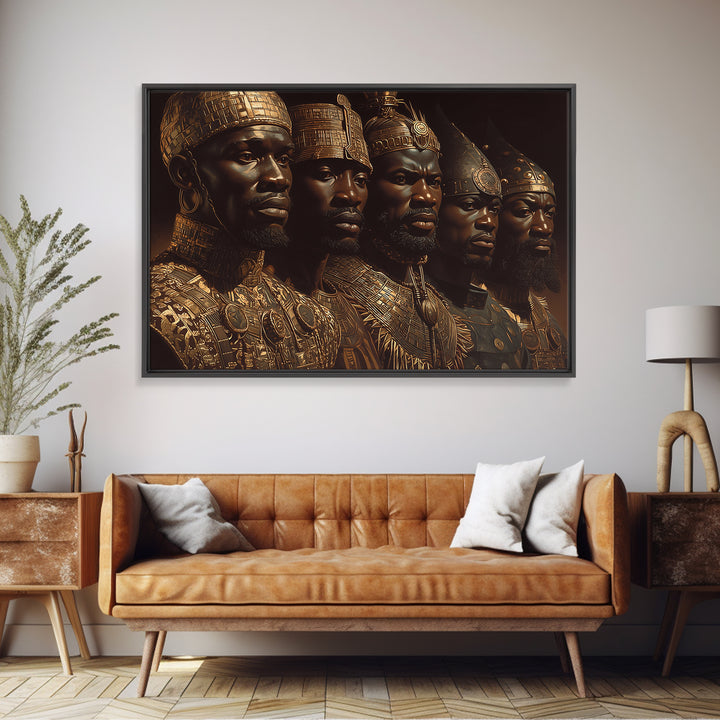 Golden African Kings Portrait Framed Canvas Print, African Warrior Art, Black History Art, Afrocentric Wall Decor Gift For Him