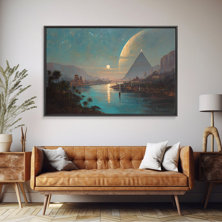 Dreamy Egyptian Pyramid River Wall Art, African Landscape, Ancient Egyptian Art Print, Fantasy Moonlit Home Decor Gift For Bedroom