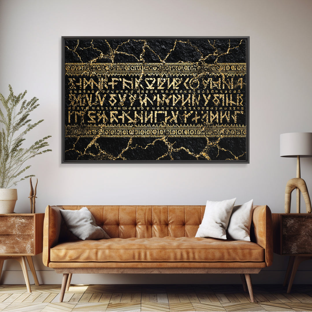 Gold Ancient Script On Black Stone Framed Canvas Print, African Egyptian Art, Cultural Wall Decor, Luxury Home Decor Gift