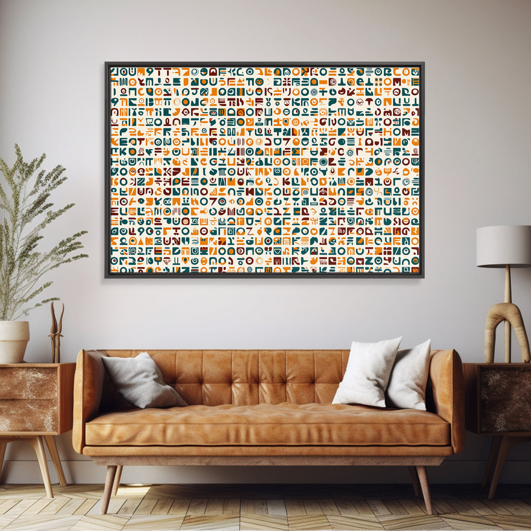 Teal And Orange African Symbol Pattern Canvas Print, Modern African Art Abstract, Cultural Wall Decor, Boho Office Art Gift