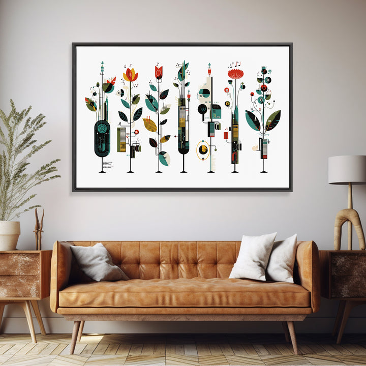 Musical Botanical Towers With Abstract Flowers Wall Art, Modern African Inspired Decor, Colorful Living Room Canvas Print