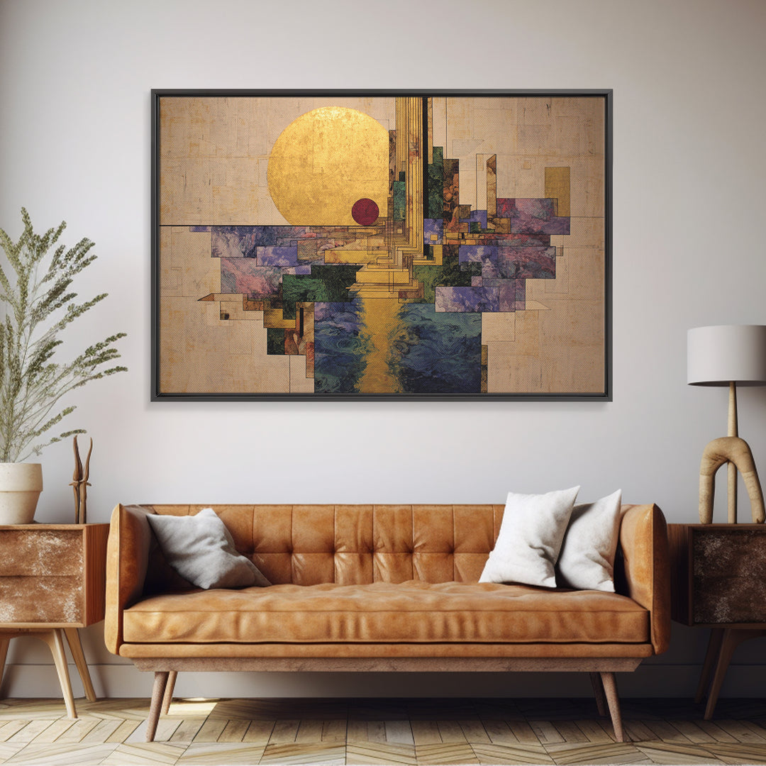 Golden Sun Geometric City Over Water Framed Canvas Print, African Abstract Wall Art, Luxury Modern Living Room Home Decor Gift