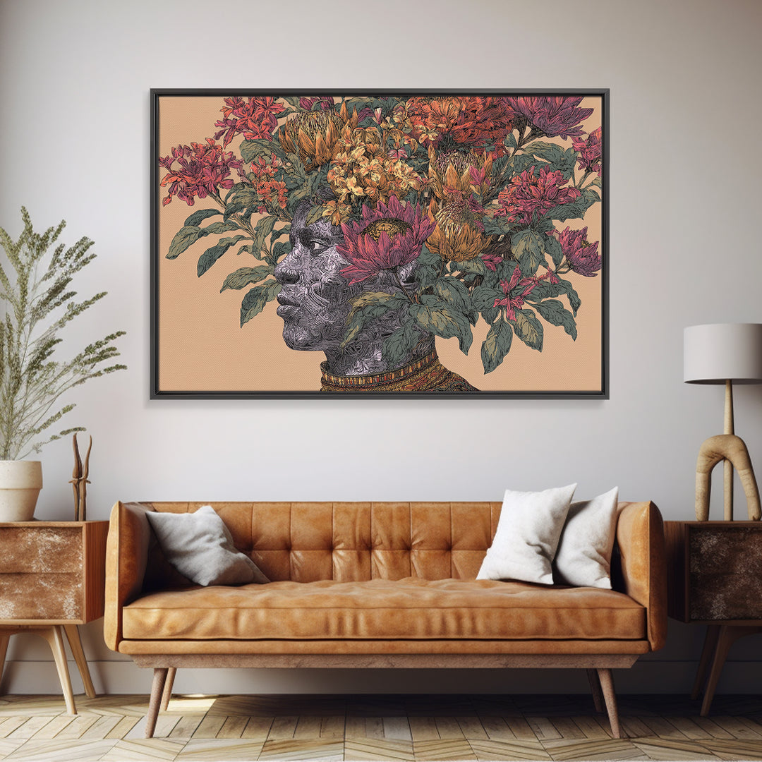 African Woman Profile With Protea Floral Crown Wall Art, Afrocentric Portrait Canvas Print, Black Beauty Home Decor Gift