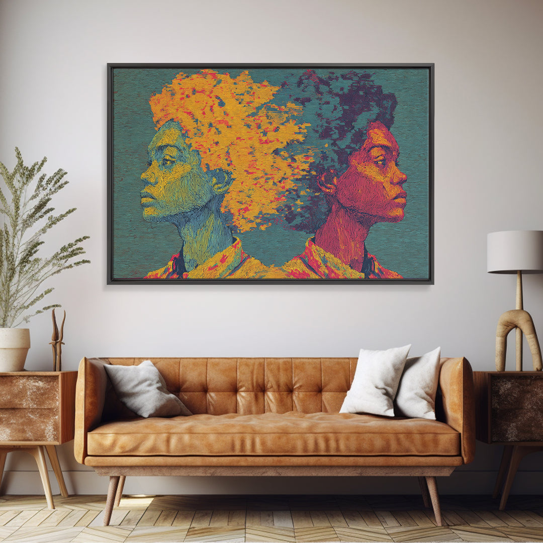 Vibrant Black Couple Opposing Profiles Wall Art, African Abstract Canvas Print, Textured Afrocentric Portrait Decor Gift