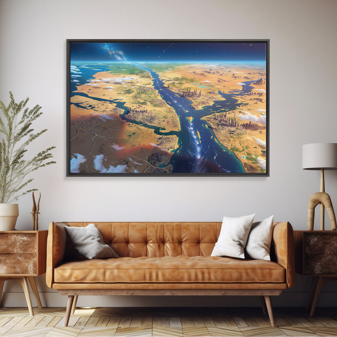 Futuristic Nile Delta Aerial Landscape Wall Art, African Travel Canvas Print, Egypt Map Poster, Modern Office Decor Gift