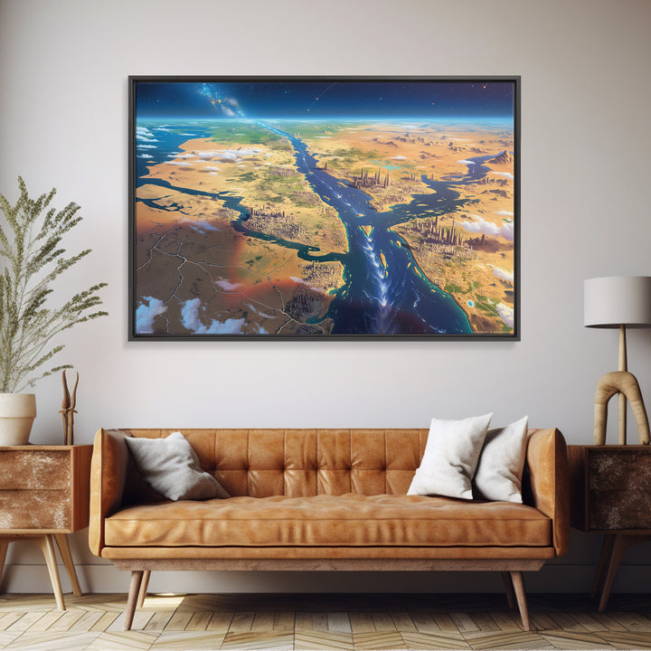 Futuristic Nile Delta Aerial Landscape Wall Art, African Travel Canvas Print, Egypt Map Poster, Modern Office Decor Gift