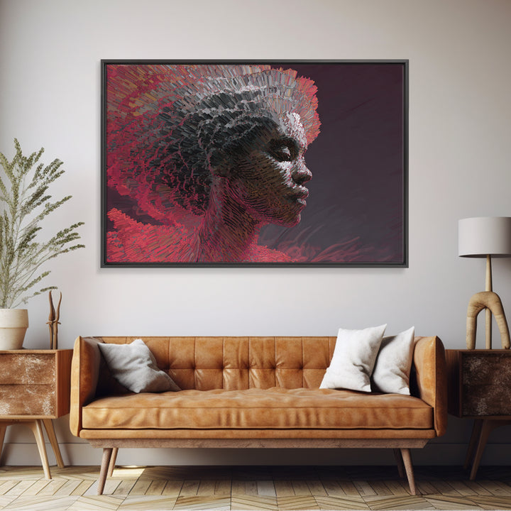 Mosaic Black Woman Profile In Red Shadows Wall Art, Abstract African Canvas Print, Contemporary Afrocentric Home Decor Gift