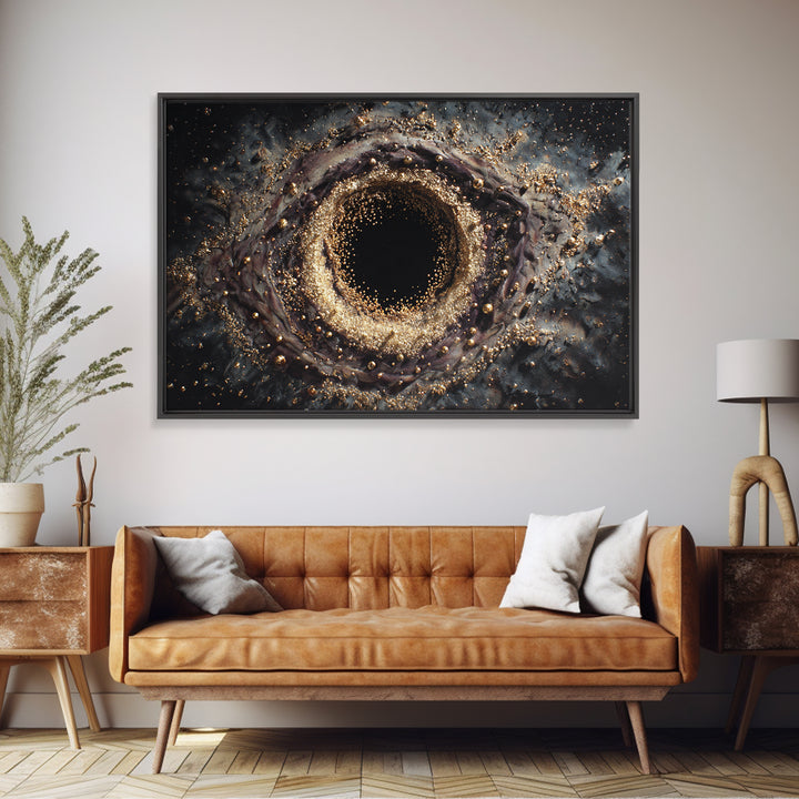 Glittering Black Hole Vortex Framed Canvas Print, Abstract Art, Black And Gold Art, Modern Wall Decor, Unique Home Decor