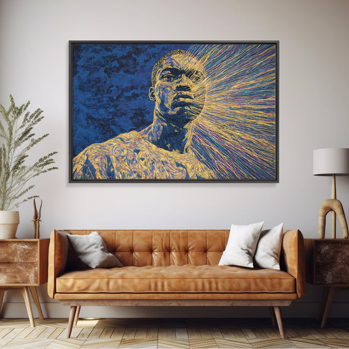 Radiant Black Man Portrait Wall Art, Afrocentric Art, Modern Black Art, Blue And Gold Canvas Print, Black Culture Art Decor
