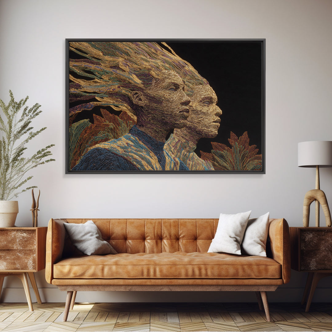 Surreal African Woman Double Portrait Canvas Print, African Women Art, Afrocentric Wall Art, Gold Textile Art, Elegant Decor