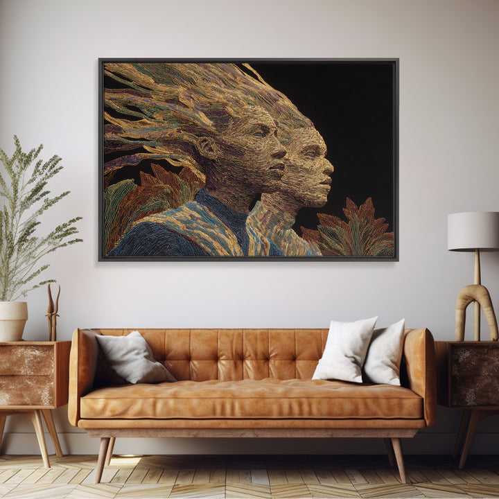 Surreal African Woman Double Portrait Canvas Print, African Women Art, Afrocentric Wall Art, Gold Textile Art, Elegant Decor