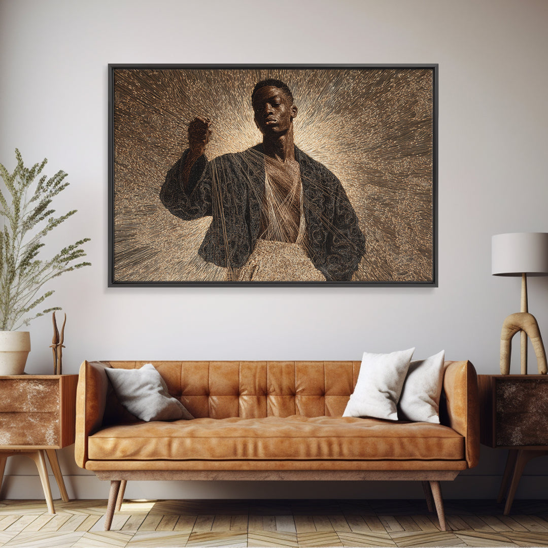Radiant Black Man Halo Portrait Framed Canvas Print, Afrocentric Art, Black Culture Art, Spiritual Wall Art, Statement Decor