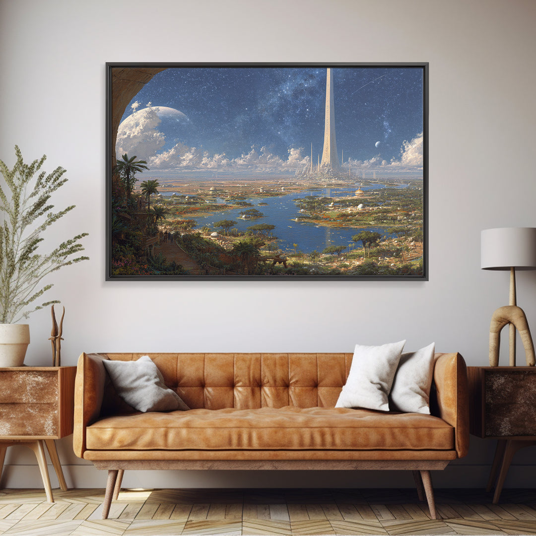 Afrofuturist African Cityscape Wall Art, Futuristic Nile Landscape, Digital Art Africa, Modern Canvas Print, Large Decor Art