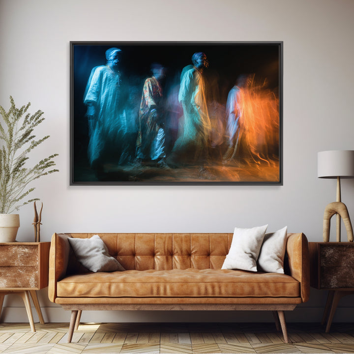 Ghostly African Procession Wall Art, Abstract Figure Canvas Print, Spiritual Wall Decor, Contemporary Art, Blue Orange Decor
