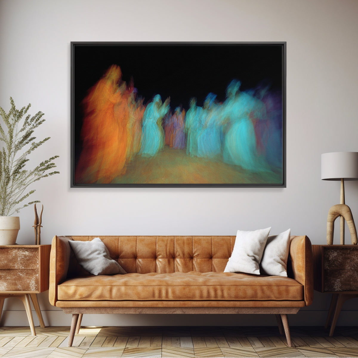 Blurred African Dancers In Orange And Teal Robes Wall Art, Afrocentric Culture Decor, Vibrant Tribal Canvas Print For Home Decor