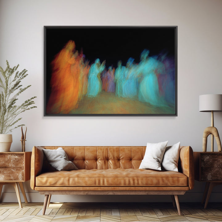 Blurred African Dancers In Orange And Teal Robes Wall Art, Afrocentric Culture Decor, Vibrant Tribal Canvas Print For Home Decor