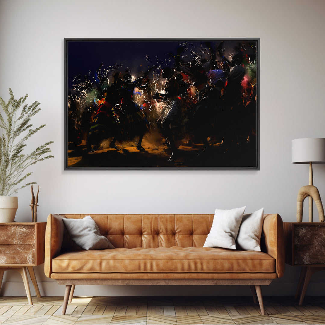 Dramatic African Warriors Dancing With Sparks Wall Art, Black Culture Art Decor, Mystical Tribal Canvas Print For Bold Rooms