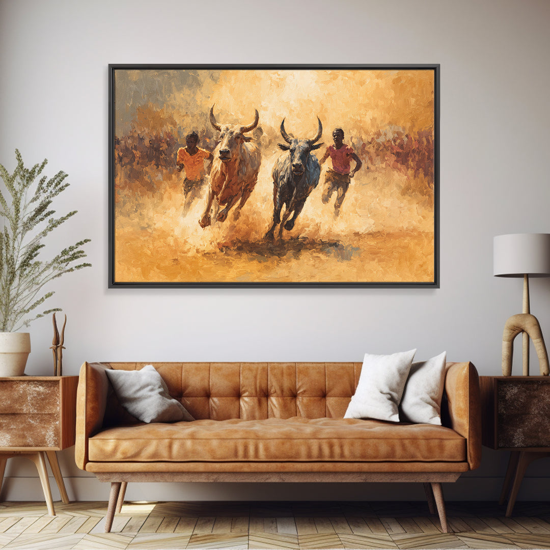 Dusty African Bull Race With Runners Canvas Print, Safari Culture Wall Art, Warm Earth Tone Decor For Living Room Gift Idea