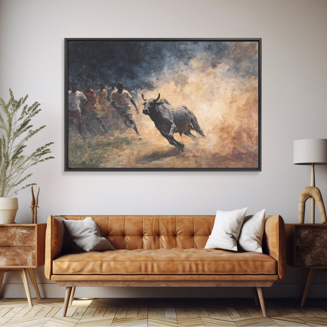 Charging Bull And Runners In Dusty Arena Wall Art, African Safari Art Decor, Dynamic Canvas Print For Bold Home Decor Gift