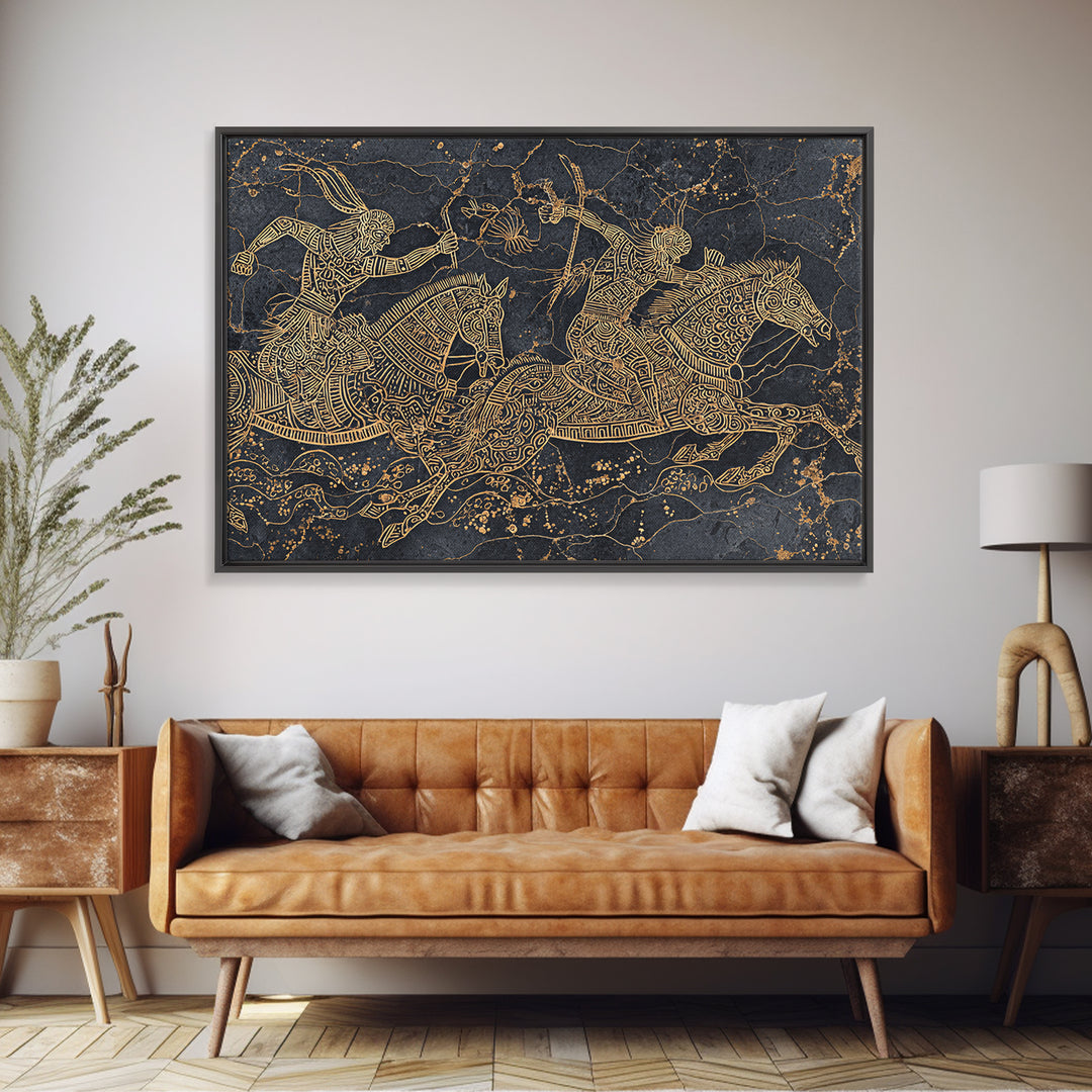 Gold Tribal Horse Warriors On Black Stone Framed Canvas Print, African Warrior Art Decor, Ancient Line Wall Art For Office