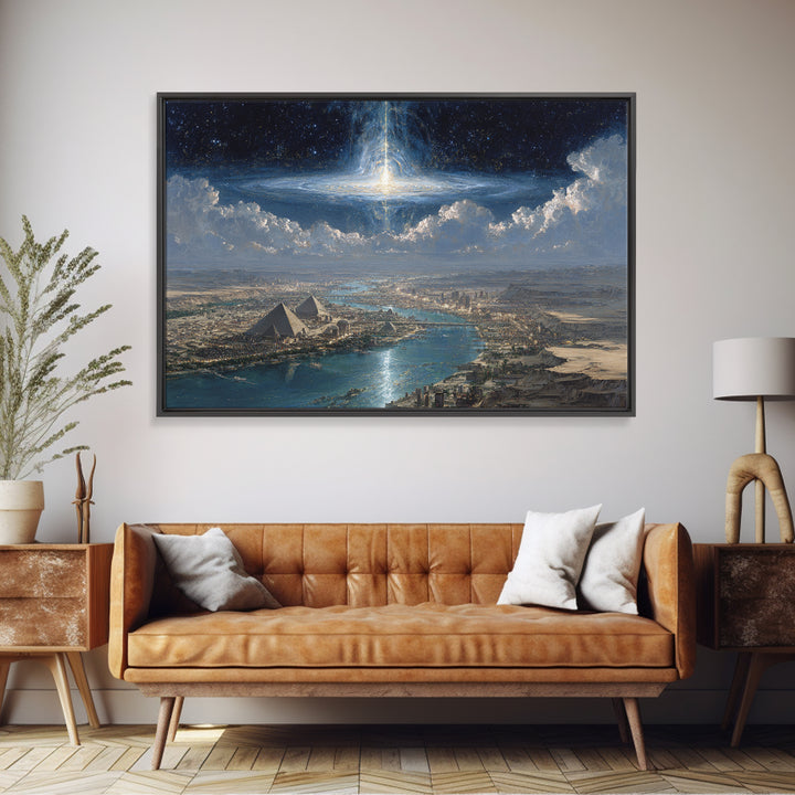 Cosmic Egyptian Pyramids Over Nile, Mystical African Wall Art, Spiritual Desert Landscape, Afrocentric Home Decor Gift Print