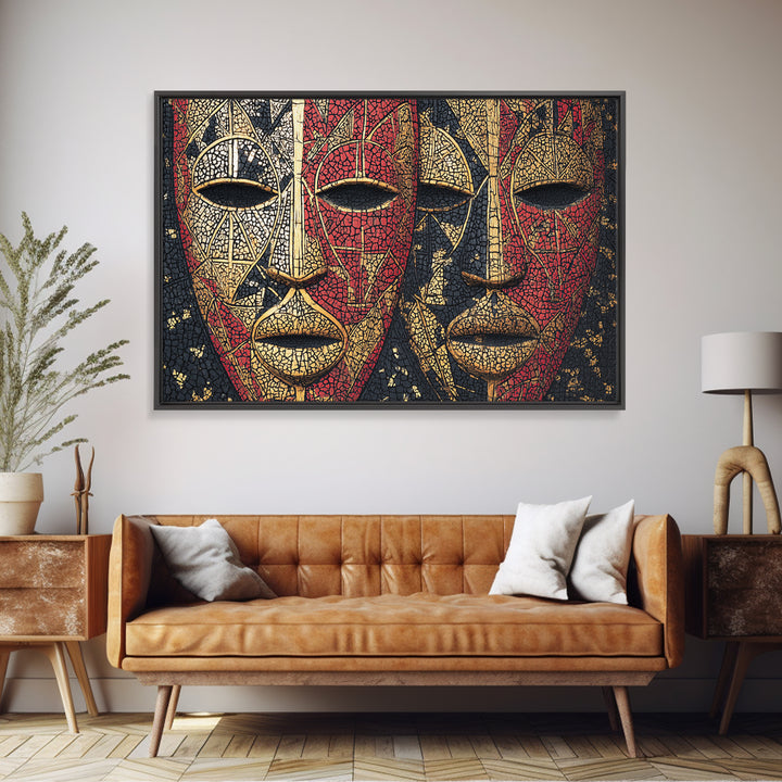 Dual African Tribal Masks In Red Gold Mosaic, Framed Canvas Print, Afrocentric Mask Art, Bold Cultural Wall Decor For Home
