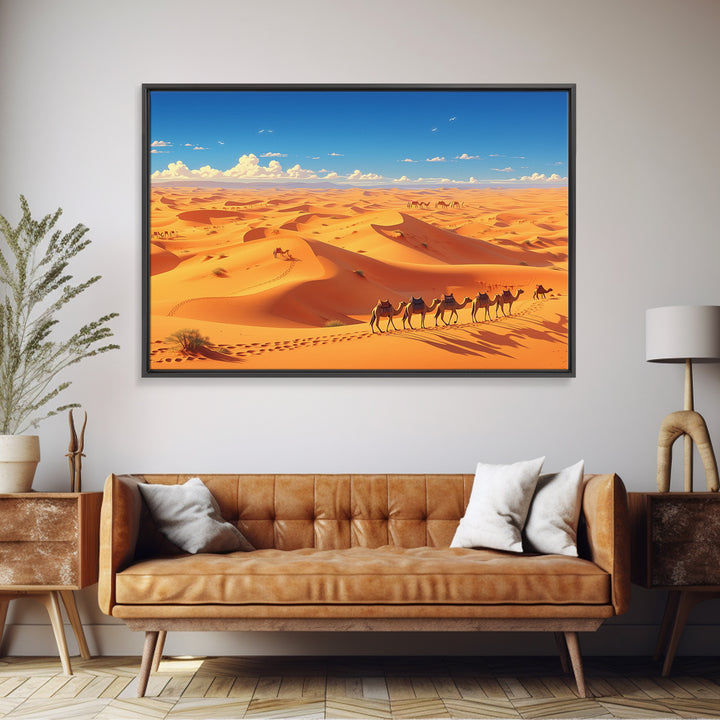 Golden Sahara Dunes With Camel Caravan, African Wall Art, Desert Landscape Print, Travel Decor, Boho Living Room Gift Poster