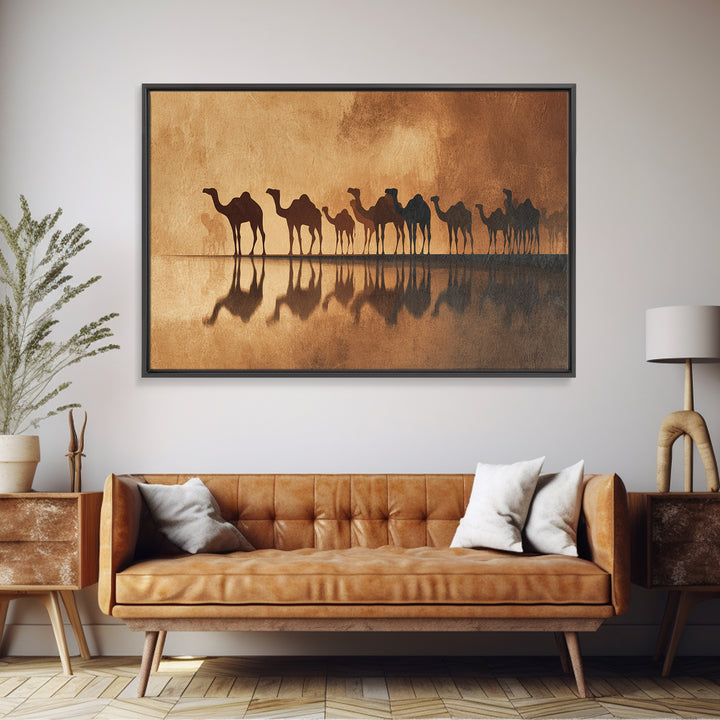 Sepia Camel Caravan Reflections At Dusk, Canvas Print, African Safari Art, Earth Tone Wall Decor, Desert Home Decor Gift