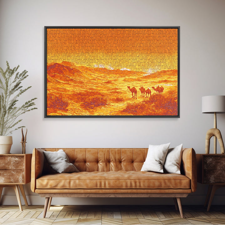 Orange Desert Camel Caravan With Text Texture, African Wall Art, Sahara Landscape Poster, Burnt Orange Boho Decor Gift Print