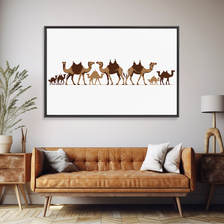 Minimal Camel Caravan Silhouette On White, Framed Canvas Print, African Desert Wall Decor, Neutral Safari Art Gift For Living Room