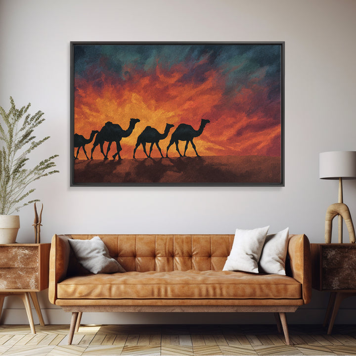Fiery Sunset Camel Caravan Silhouettes, Canvas Print, African Safari Wall Art, Burnt Orange Desert Decor For Living Room