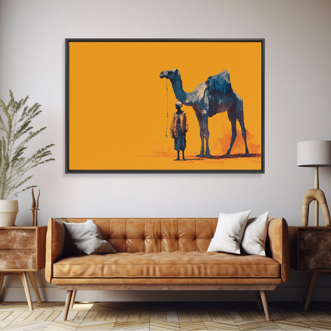 Blue Camel And Tuareg Traveler On Orange, African Wall Art, Minimalist Desert Portrait, Unique Canvas Gift For Him, Home Decor