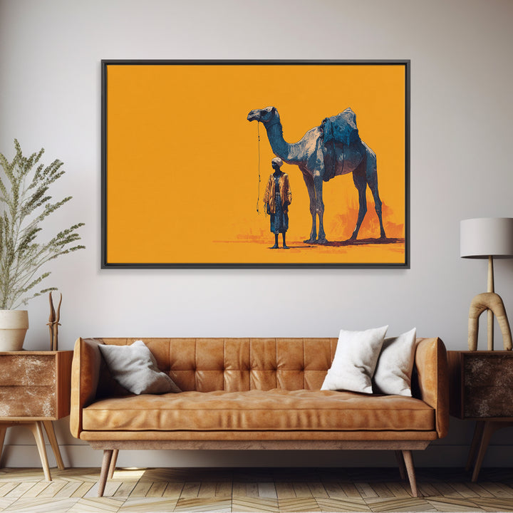 Blue Camel And Tuareg Traveler On Orange, African Wall Art, Minimalist Desert Portrait, Unique Canvas Gift For Him, Home Decor
