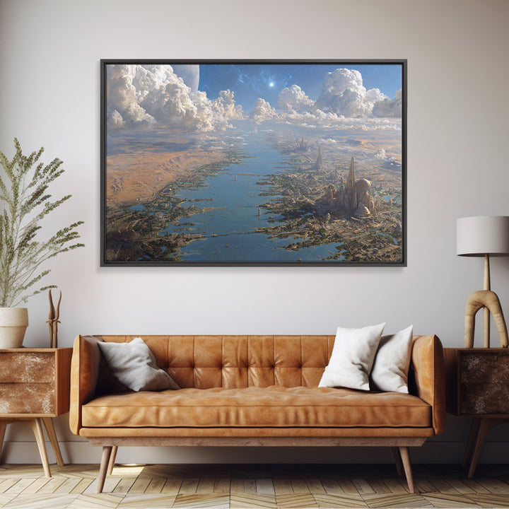 Futuristic Nile River City Canvas Print, African Landscape Sci Fi Wall Decor, Dreamy Blue Desert Skyline Home Decor Art Gift