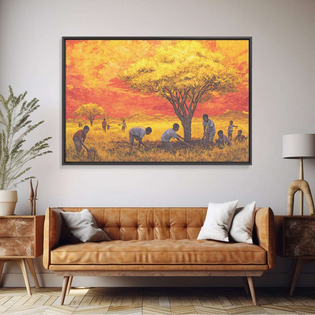 Golden Acacia Tree Planting Wall Art, African Children Landscape, Cultural Safari Decor Canvas For Living Room Home Decor Gift