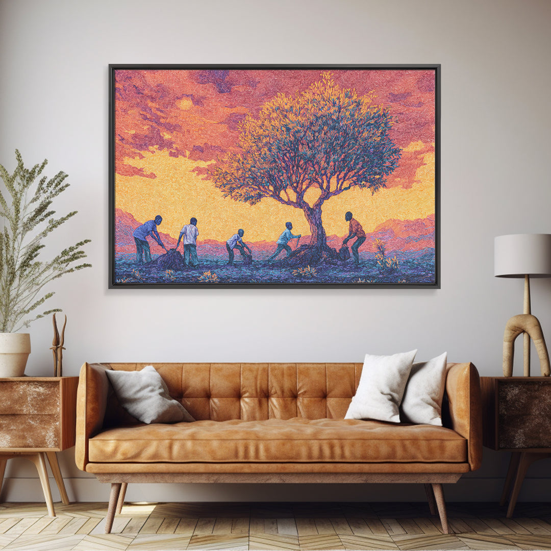 Sunset Acacia Harvest Framed Canvas Print, African Landscape Wall Art, Warm Orange Cultural Safari Decor For Home And Office