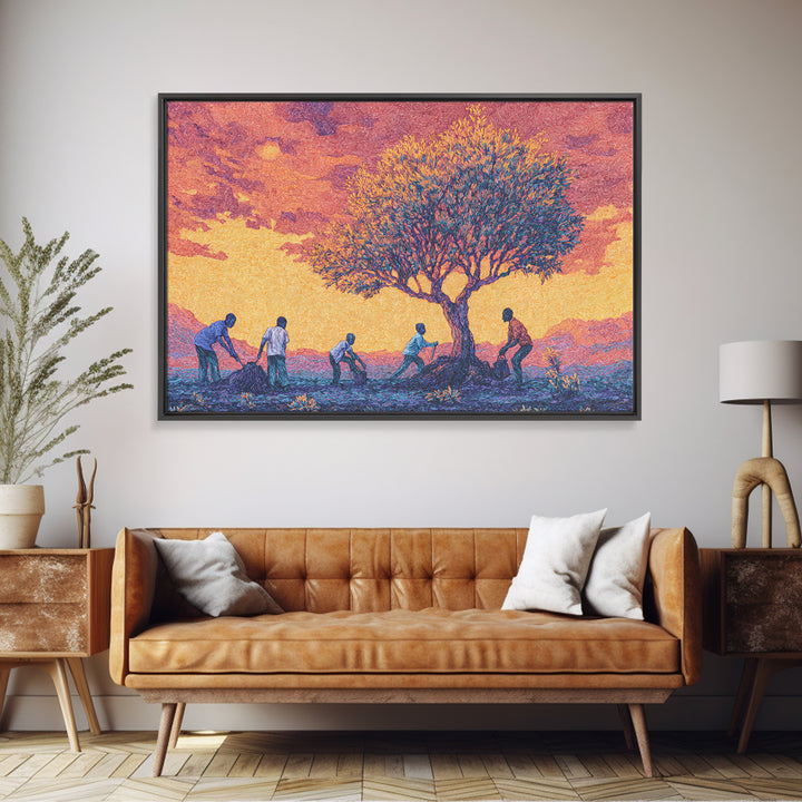 Sunset Acacia Harvest Framed Canvas Print, African Landscape Wall Art, Warm Orange Cultural Safari Decor For Home And Office