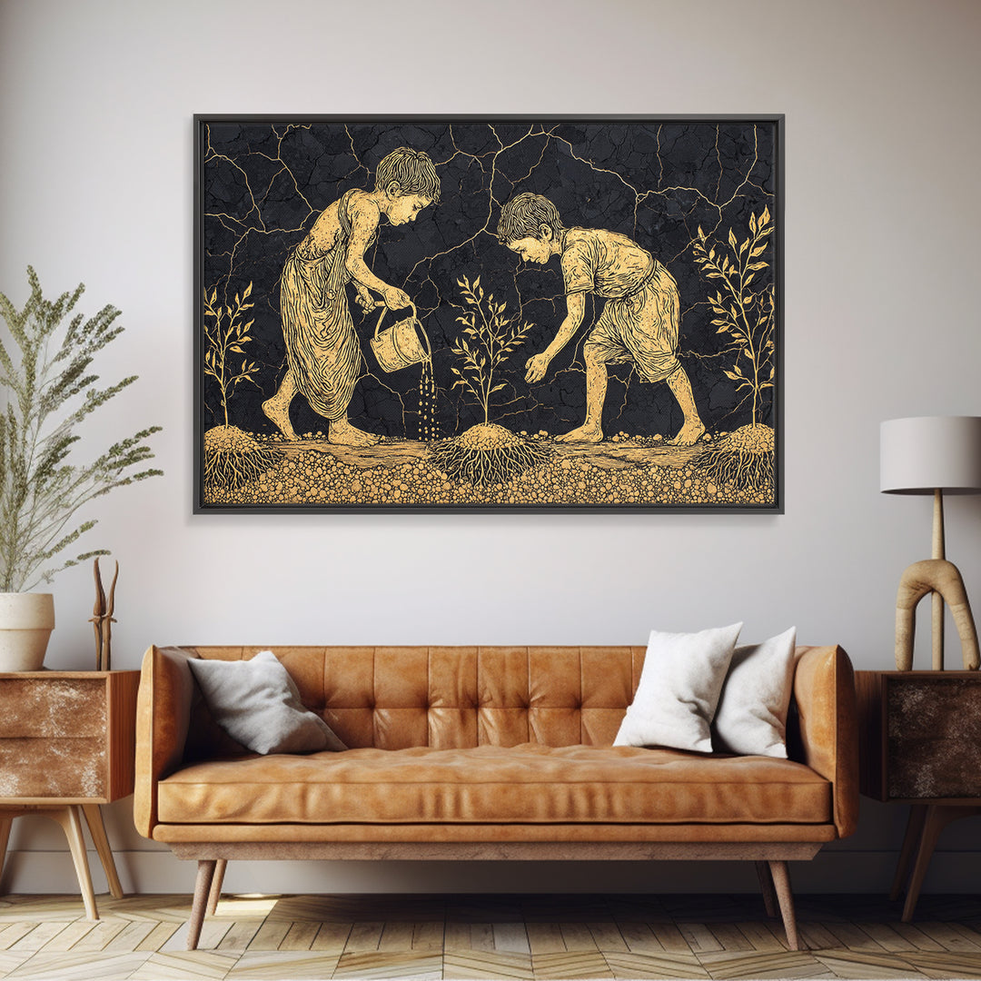 Gold Etched Children Planting Canvas Print, African Culture Art, Black And Gold Farm Scene Wall Decor For Meaningful Gift