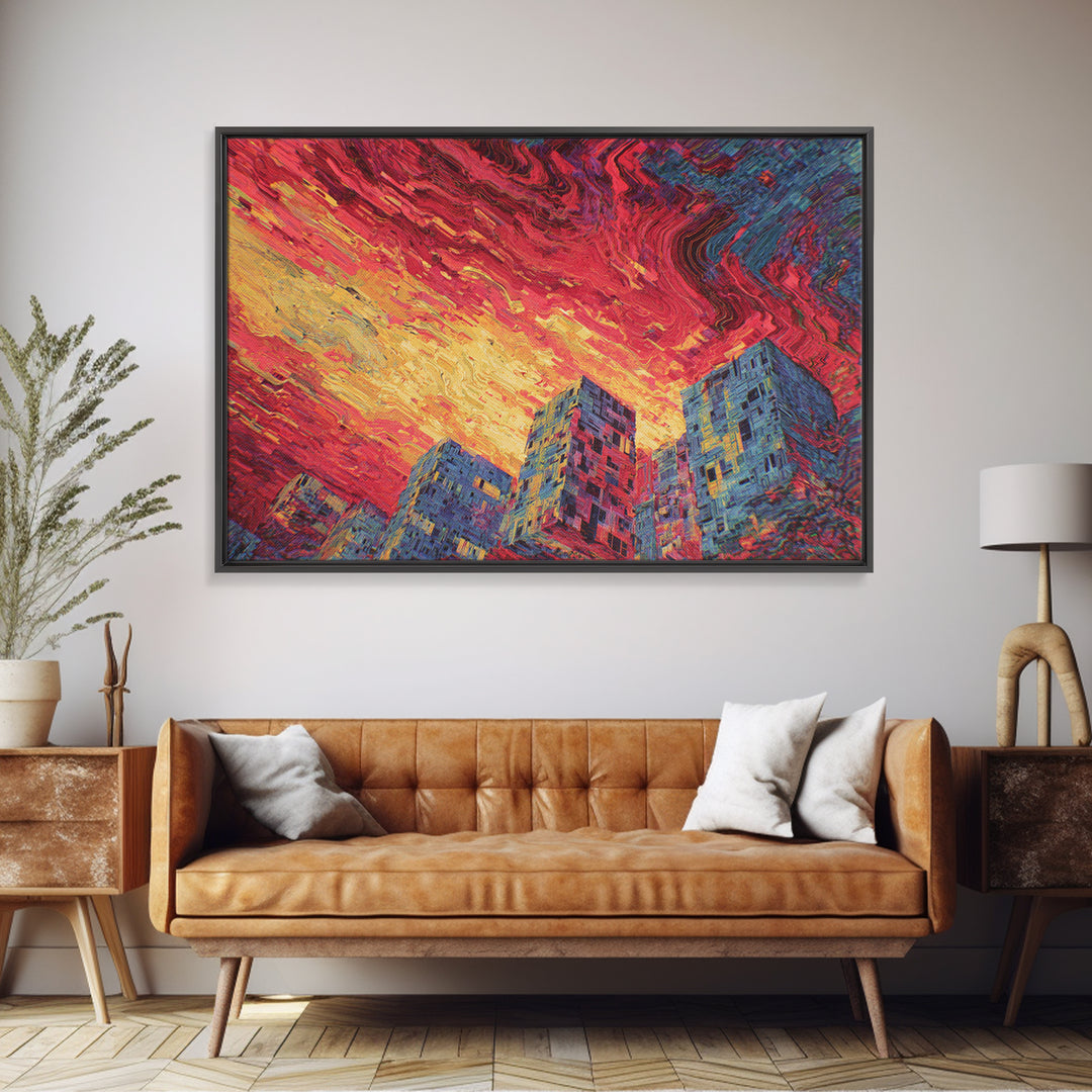 Fiery City Skyline Canvas Print, Modern Urban Wall Art, Bold Red Sunset Architecture Decor For Office Living Room Statement Decor
