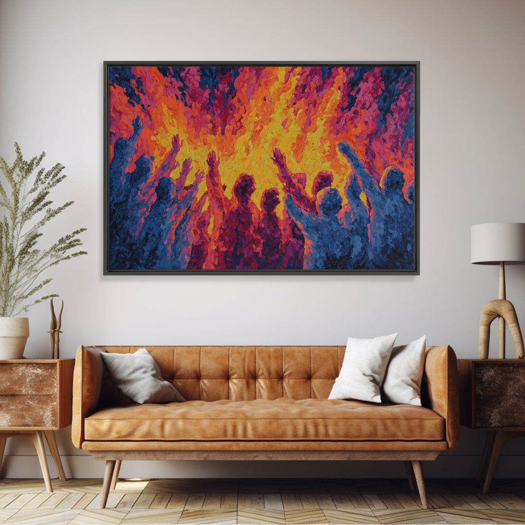 Celebration Around Fire Wall Art, Vibrant African Inspired Abstract, Festival Dance Canvas Print For Bold Cultural Decor