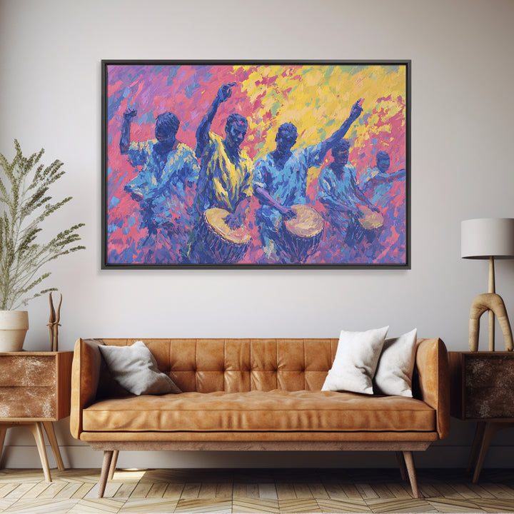 Vibrant African Drummers Celebration Wall Art, Colorful Afrocentric Music Painting, Black Culture Decor, Living Room Gift