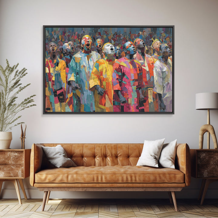 Colorful African Masked Choir Wall Art, Festival Procession Painting, Afrocentric Culture Decor, Bold Gallery Canvas Print
