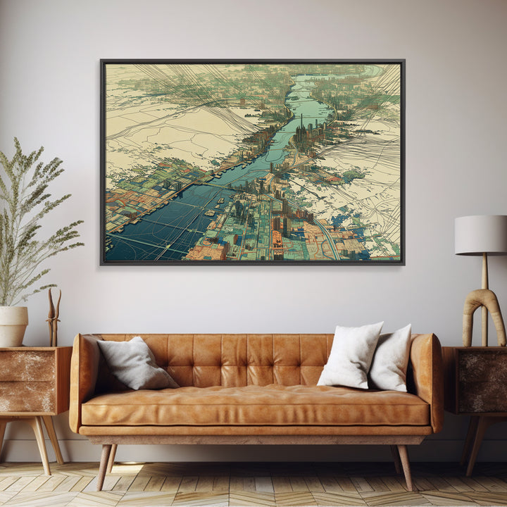 Aerial River City Map Canvas Print, Modern African Travel Inspired Wall Art, Teal Urban Landscape, Statement Office Decor Gift