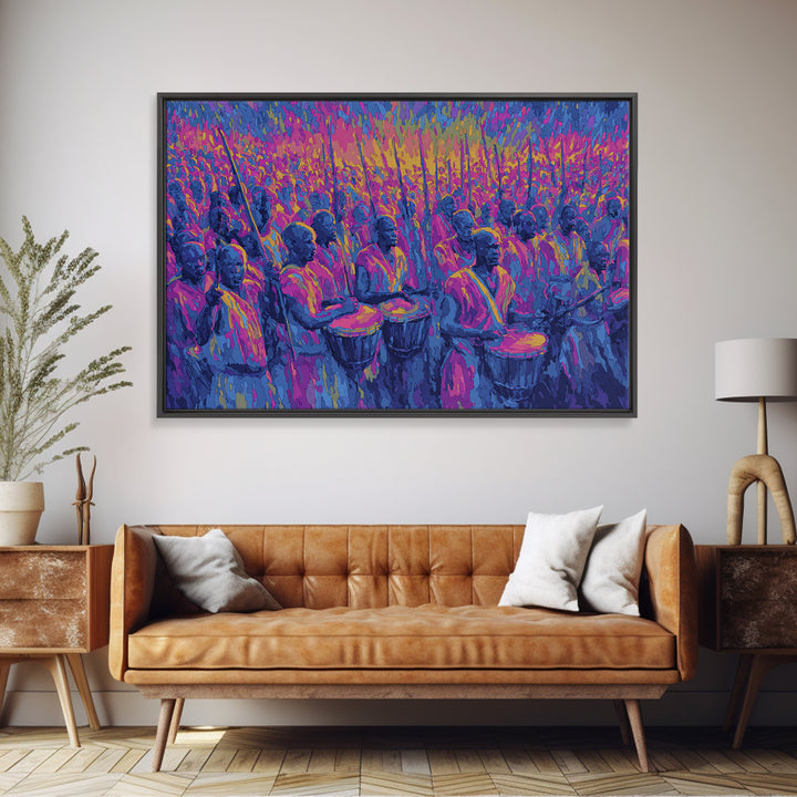 Neon African Drumming Festival Wall Art, Colorful Celebration Painting, Afrocentric Music Decor, Vibrant Living Room Canvas Print
