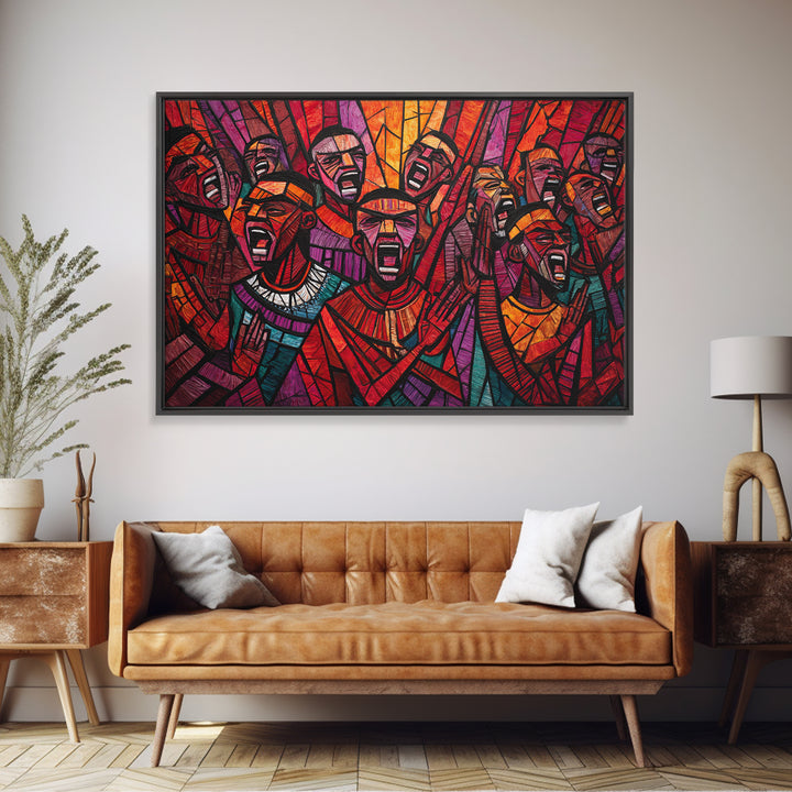 Stained Glass African Choir Wall Art, Bold Red Tribal Celebration Painting, Black Culture Decor, Expressive Canvas Print