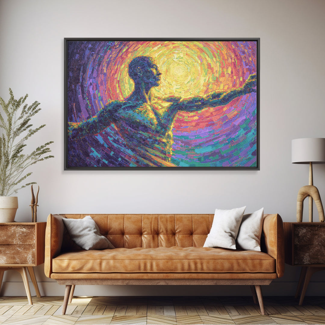 Radiant African Dancer Silhouette Canvas Print, Spiritual Abstract Wall Art, Colorful Black Figure, Meditation Room Decor